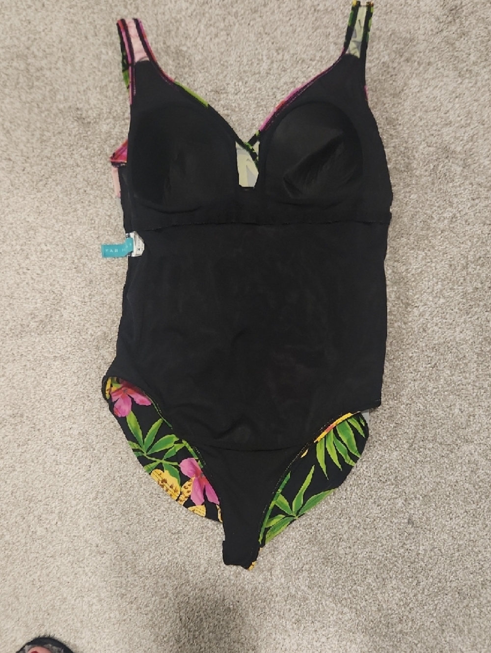 Tropical Floral One-Piece Swimsuit - Black with Pink & Yellow Flowers - Picture 5 of 10